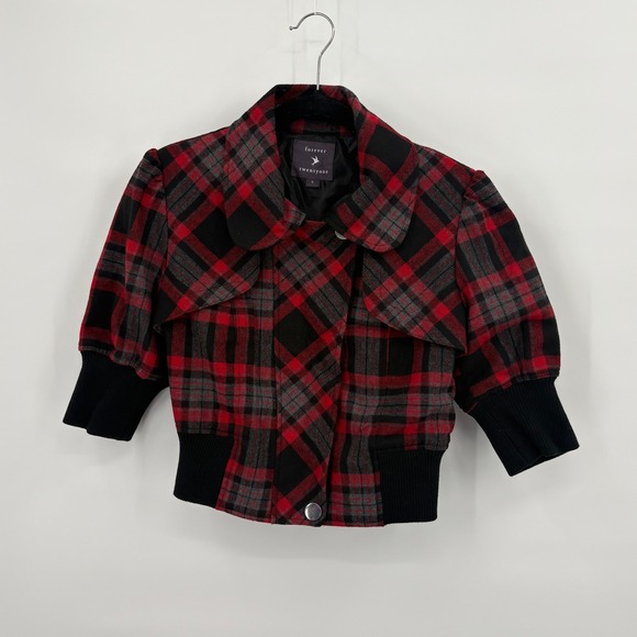 Forever 21 Jackets & Blazers - Forever 21 Red Black Plaid Cropped Bomber Jacket Wool Blend 3/4 Sleeve Small Y2K